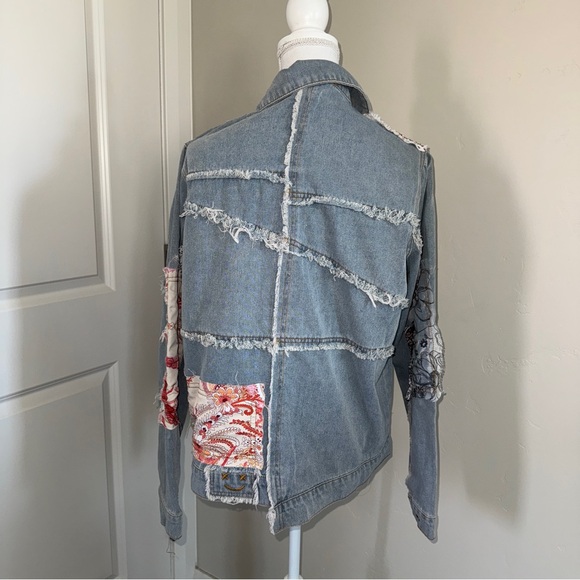 Patchwork Denim and Lace Jacket Distressed Boho Denim Shacket Mixed Floral Lace - Picture 9 of 17